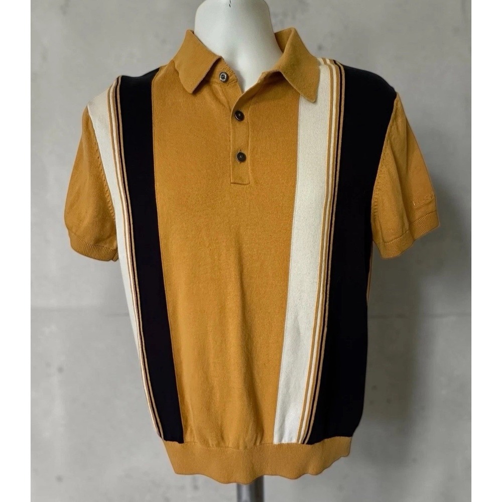 Ben Sherman Shirt Men's Size Small Gold Navy Stripes Retro 60s Vintage Inspired